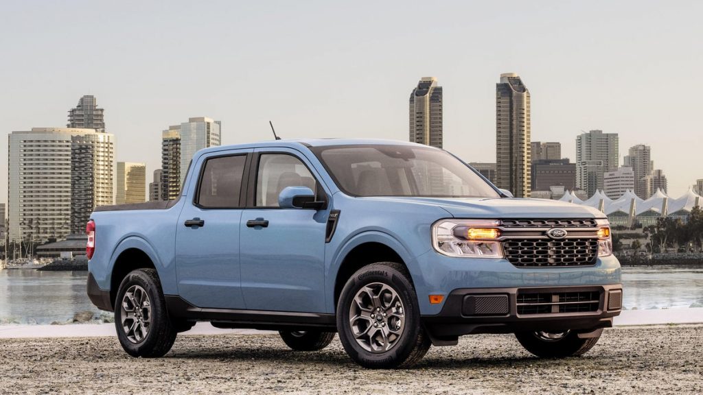 the new Ford Maverick with a city skyscape in the background behind it.