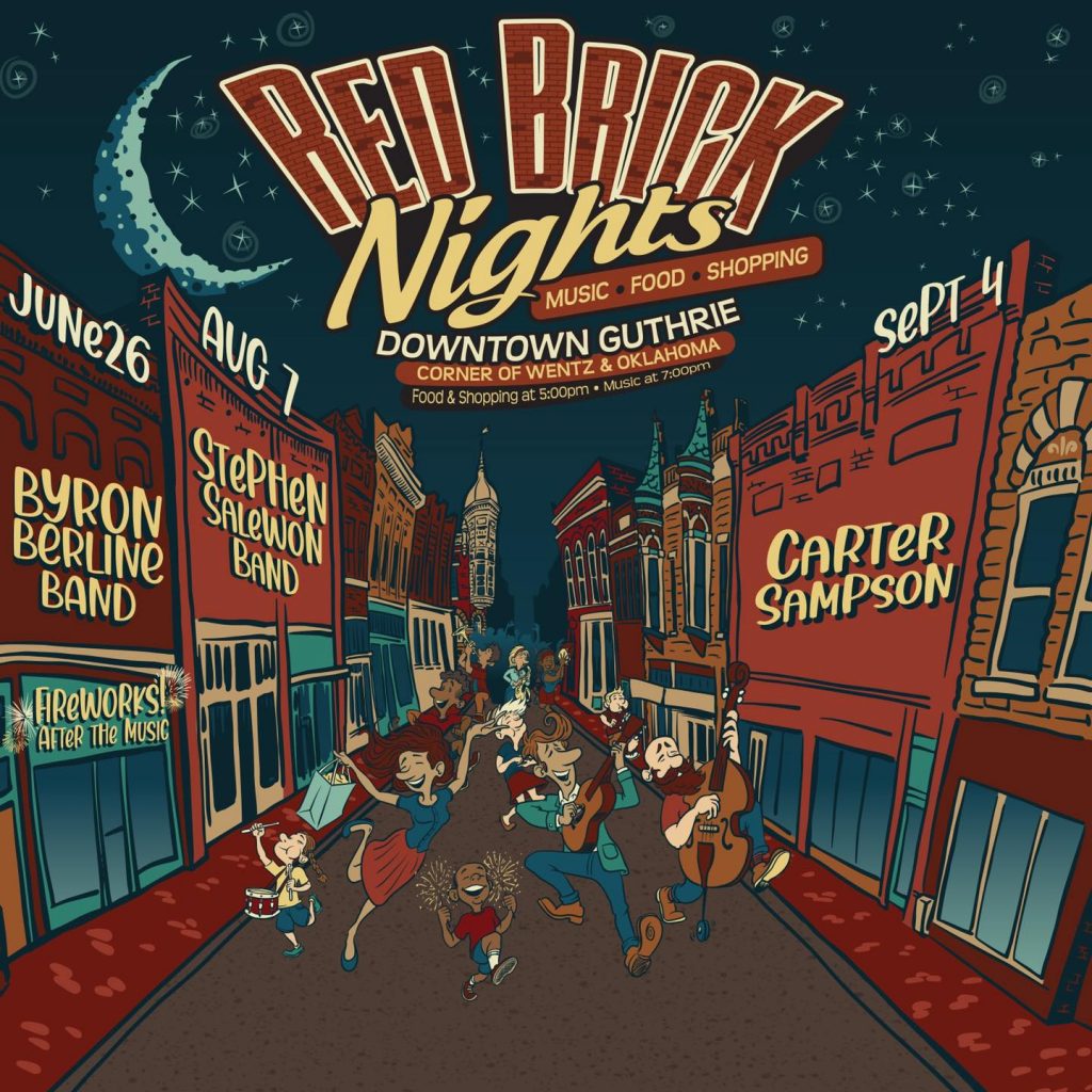 a poster depicting the lineup for Red Brick Nights in Guthrie, Oklahoma